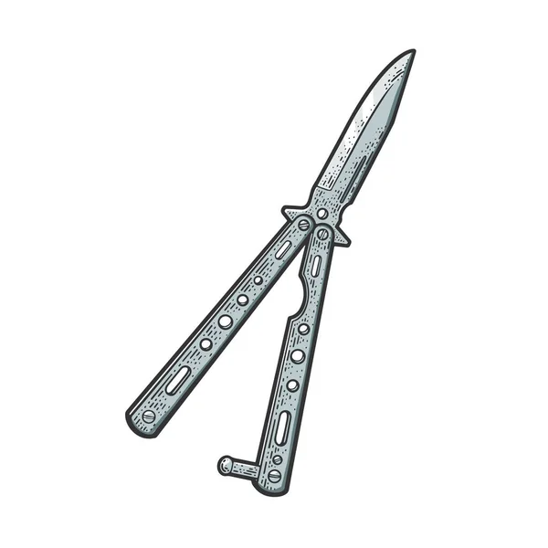 Borboleta balisong faca arma cor esboço gravura vetor ilustração. T-shirt design de impressão de vestuário. Imitação de raspadinha. Imagem desenhada à mão preto e branco. — Vetor de Stock