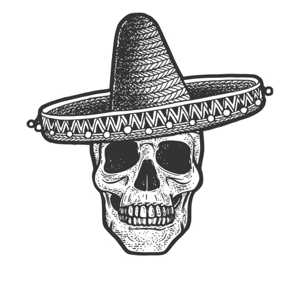 Cráneo en sombrero mexicano boceto grabado vector ilustración. Diseño de estampado de ropa de camiseta. Scratch board imitación. Imagen dibujada a mano en blanco y negro. — Vector de stock