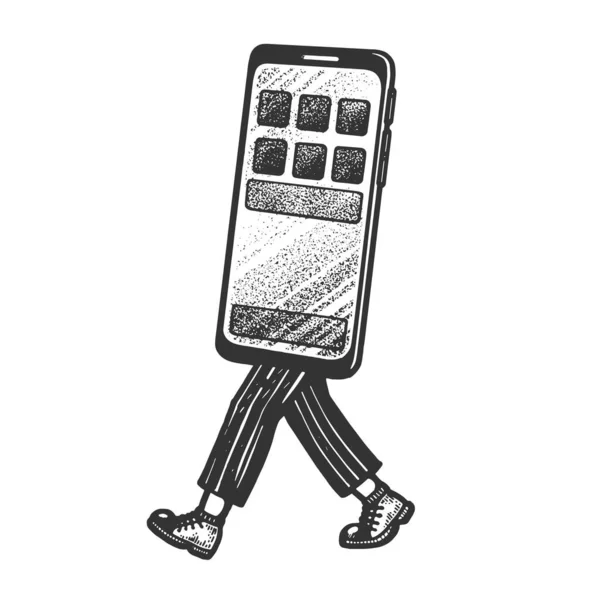 Smartphone telefon chodit po nohách kreslit rytiny vektorové ilustrace. Design trička s potiskem. Stírací deska imitace. Černobílý ručně kreslený obrázek. — Stockový vektor