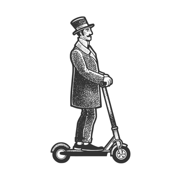 Ilustración de vectores de grabado de bosquejo de scooter eléctrico Old Fashioned Gentleman Rides. Diseño de estampado de ropa de camiseta. Scratch board imitación. Imagen dibujada a mano en blanco y negro. — Archivo Imágenes Vectoriales