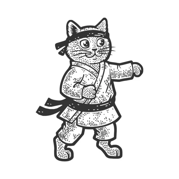 Καράτε γάτα πολεμικές τέχνες αθλητής σκίτσο χάραξη διάνυσμα εικονογράφηση. Σχεδιασμός εκτύπωσης ρούχων T-shirt. Απομίμηση χαρτονιού. Ασπρόμαυρη ζωγραφισμένη στο χέρι εικόνα. — Διανυσματικό Αρχείο