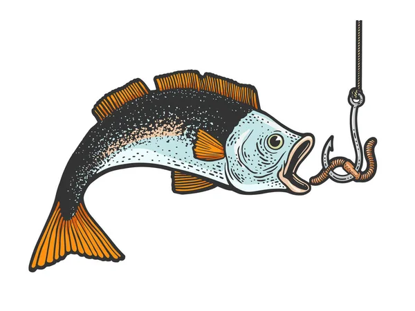 Fische fangen Köderwurm auf Haken Angeln Farbskizze Gravur Vektor Illustration. T-Shirt-Print-Design. Rubbelbrett-Imitat. Handgezeichnetes Schwarz-Weiß-Bild. — Stockvektor