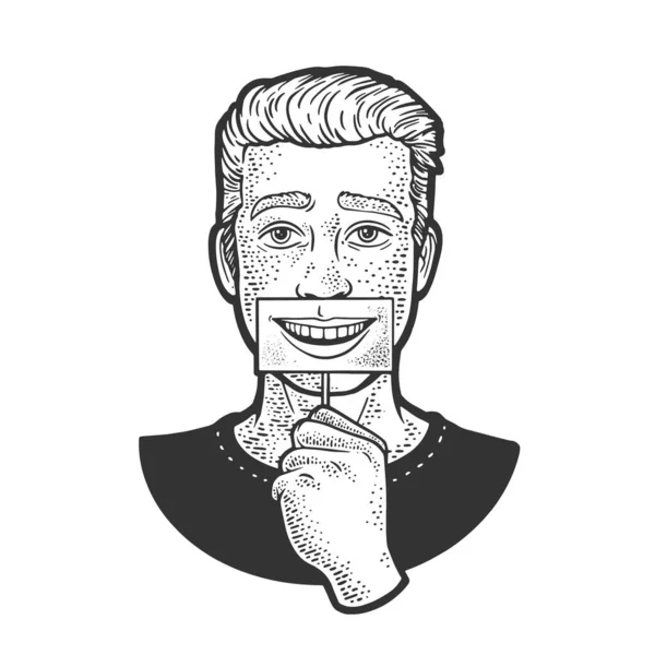 Trauriger Mann mit simuliertem Lächeln skizziert Graviervektorillustration. T-Shirt-Print-Design. Rubbelbrett-Imitat. Handgezeichnetes Schwarz-Weiß-Bild. — Stockvektor