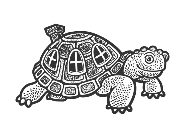 Dessin animé tortue avec carapace coquille maison croquis gravure vectoriel illustration. T-shirt imprimé design. Imitation de carte à gratter. Image dessinée à la main noir et blanc. — Image vectorielle