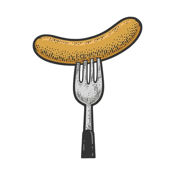 Wurst auf einer Gabel Farbskizze Gravur Vektor Illustration. T-Shirt-Print-Design. Rubbelbrett-Imitat. Handgezeichnetes Schwarz-Weiß-Bild. — Stockvektor