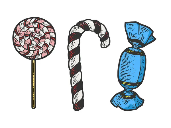 Lollipop socker godis ställa färg skiss gravyr vektor illustration. T-shirt kläder tryck design. Skrapbrädesimitation. Svart och vit handritad bild. — Stock vektor