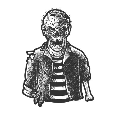 Zombi çizimi, kabartma vektör çizimi. Tişört giysisi baskısı tasarımı. Çizik tahtası taklidi. Siyah beyaz el çizimi resim.