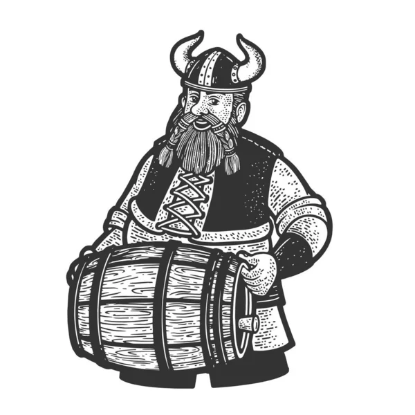 Viking com um barril de cerveja desenho gravura vetor ilustração. T-shirt design de impressão de vestuário. Imitação de raspadinha. Imagem desenhada à mão preto e branco. —  Vetores de Stock