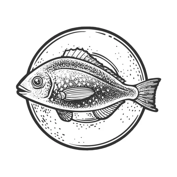 金の頭鯛dorada魚のプレートスケッチのベクトル図を彫る。シーフードレストラン。Tシャツのアパレルプリントデザイン。スクラッチボードの模倣。黒と白の手描き画像. — ストックベクタ