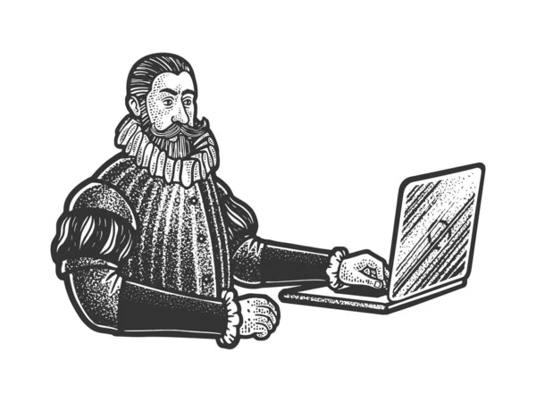 Homem medieval nobre com laptop esboço gravura vetor ilustração. T-shirt design de impressão de vestuário. Imitação de raspadinha. Imagem desenhada à mão preto e branco. — Vetor de Stock