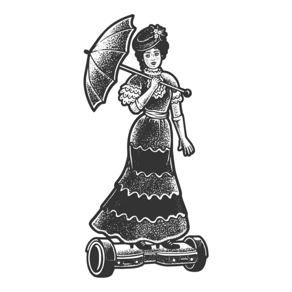 Mulher medieval passeio auto balanceamento scooter prancha esboço gravura vetor ilustração. T-shirt design de impressão de vestuário. Imitação de raspadinha. Imagem desenhada à mão preto e branco. — Vetor de Stock