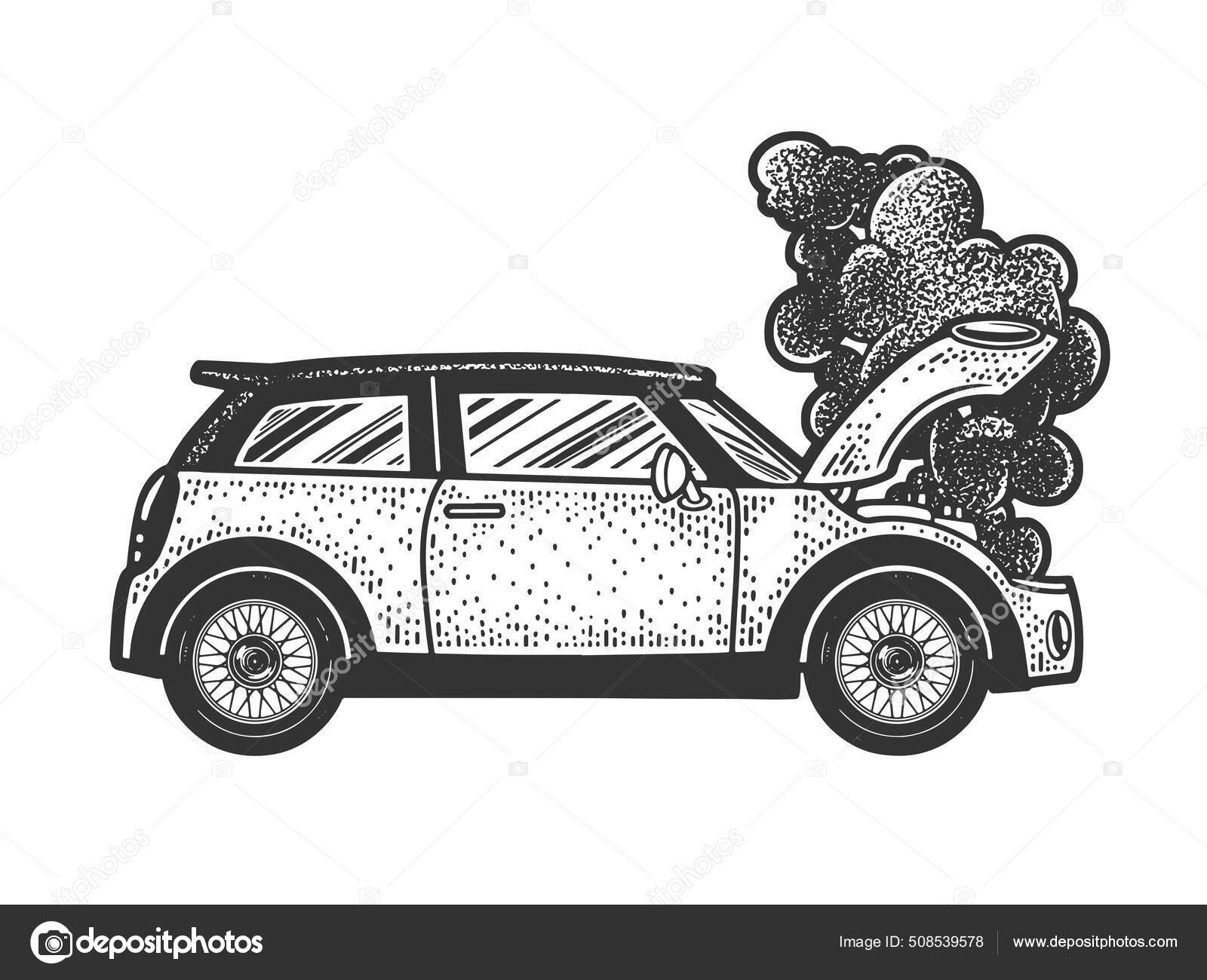 Rauchendes Auto in Feuer Skizze Gravurvektorillustration.  T-Shirt-Print-Design. Rubbelbrett-Imitat. Handgezeichnetes  Schwarz-Weiß-Bild. Stock-Vektorgrafik von ©AlexanderPokusay 508539578