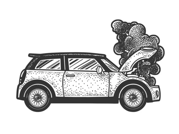 Rokende auto in brand schets graveren vector illustratie. T-shirt kleding print ontwerp. Krasplank imitatie. Zwart en wit met de hand getekend afbeelding. — Stockvector