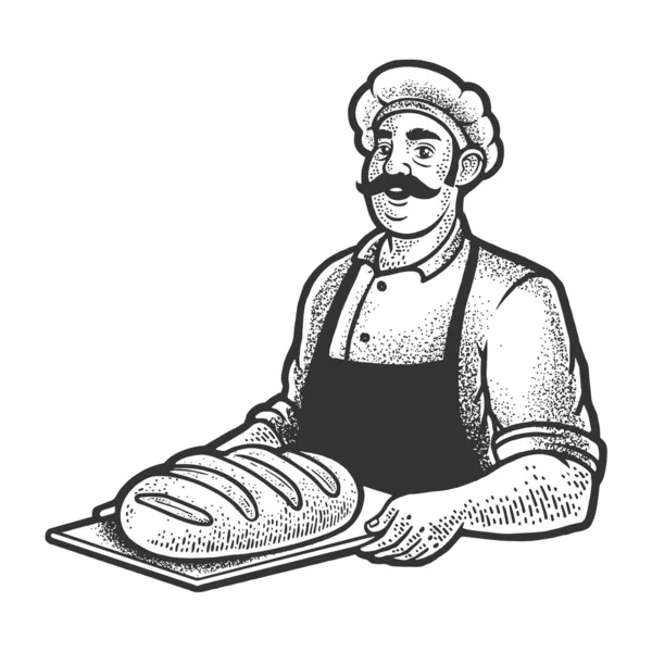 Baker with bread sketch engraving vector illustration. T-shirt apparel print design. Scratch board imitation. Black and white hand drawn image. — Stock Vector