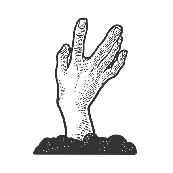 Zombie-Hand klettert aus der Gravurskizze Vektor Illustration. Das Symbol der Halloween-Party. T-Shirt-Print-Design. Rubbelbrett-Imitat. Handgezeichnetes Schwarz-Weiß-Bild. — Stockvektor