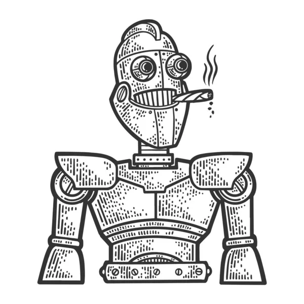 Kreskówkowy robot palący cygaro szkic grawerowanie wektor ilustracji. Projekt druku odzieży T-shirt. Imitacja deski do drapania. Czarno-biały ręcznie rysowany obraz. — Wektor stockowy