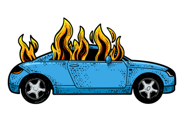 Alev rengi çizimi yapılmış araba PNG çizimi. Tişört giysisi baskısı tasarımı. Çizik tahtası taklidi. Siyah beyaz el çizimi resim.