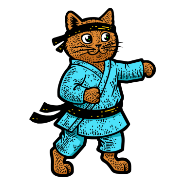 Karate kedisi dövüş sanatları atleti renk çizimi PNG çizimi. Tişört giysisi baskısı tasarımı. Çizik tahtası taklidi. Siyah beyaz el çizimi resim.