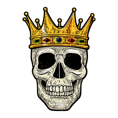 Taç dövmeli kafatası. Renkli çizim. Üzerinde PNG çizimi var. Tişört giysisi baskısı tasarımı. Çizik tahtası taklidi. Siyah beyaz el çizimi resim.