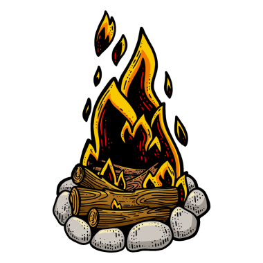 Şenlik ateşi rengi çizimi, kabartma PNG çizimi. Tişört giysisi baskısı tasarımı. Çizik tahtası taklidi. Siyah beyaz el çizimi resim.