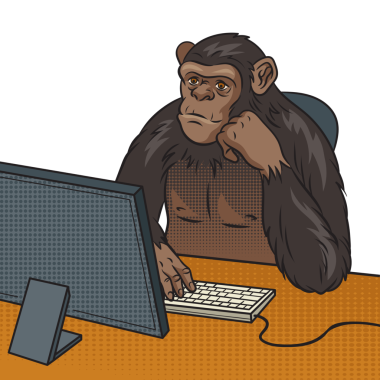 Maymun şempanze bilgisayar başında oturuyor.