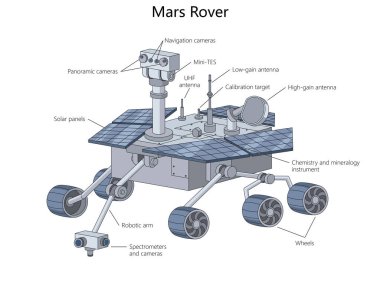 Mars aracı etiketli bilimsel aletleri, antenleri, kameraları, robotik kolu ve güneş panelleri şematik vektörü gösteriyor. Bilim Eğitimsel İllüstrasyon