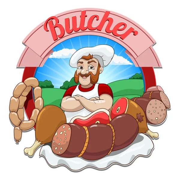 Vector illustration with meat and butcher — Stock Vector