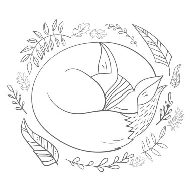 Uyuyan gri tilki çizgi vektör çizim