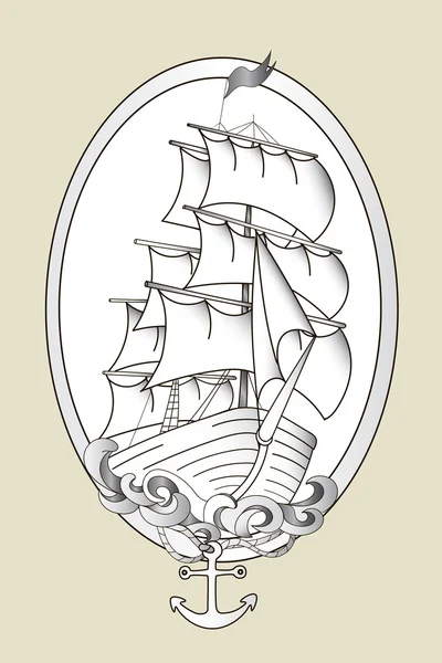 Tattoo schip zwart-wit stencil vector — Stockvector