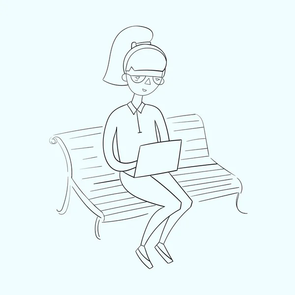 Молодая девушка работает с ноутбуком черно-белый — стоковый вектор