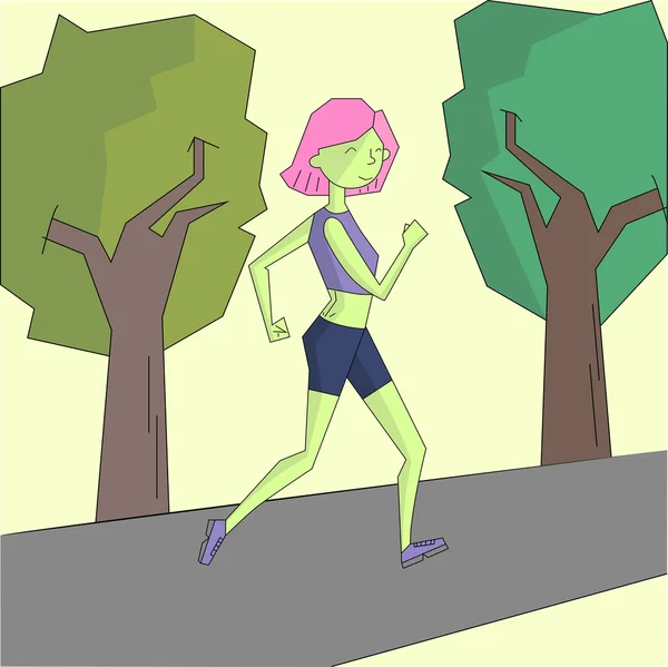 Κορίτσι που τρέχει το πρωί δρόμου ζωντανό χρώμα διάνυσμα — Διανυσματικό Αρχείο