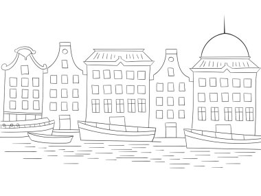 Siyah ve beyaz boyama kitabı evleri tekneler