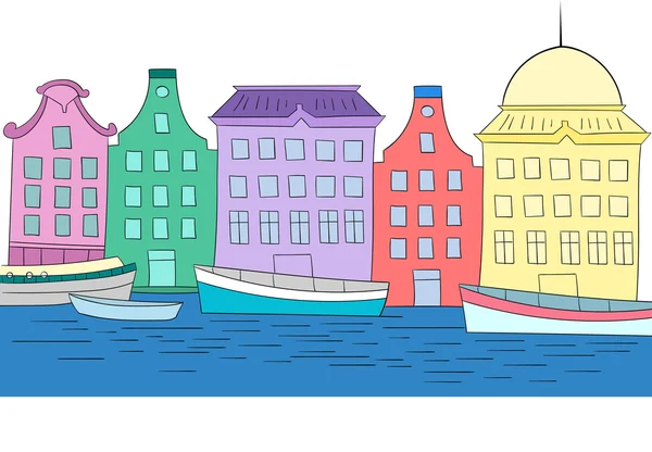 Huizen op kanaal vector illustratie van de kleur — Stockvector
