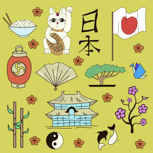 Naadloze Japanse symbolen gele achtergrond — Stockvector