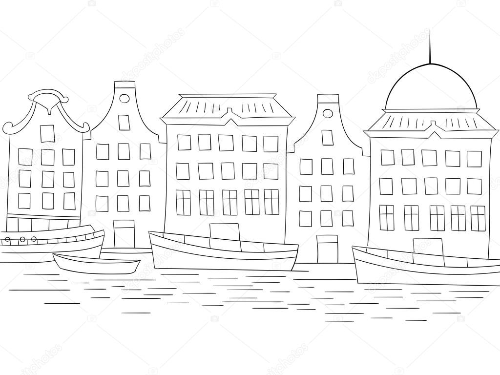Houses boats coloring book black and white