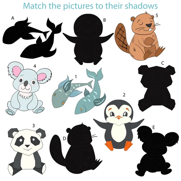 Match the pictures to their shadows child game — Stock Vector