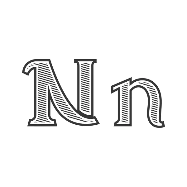 Carattere tatuaggio incisione lettera N con ombreggiatura — Vettoriale Stock
