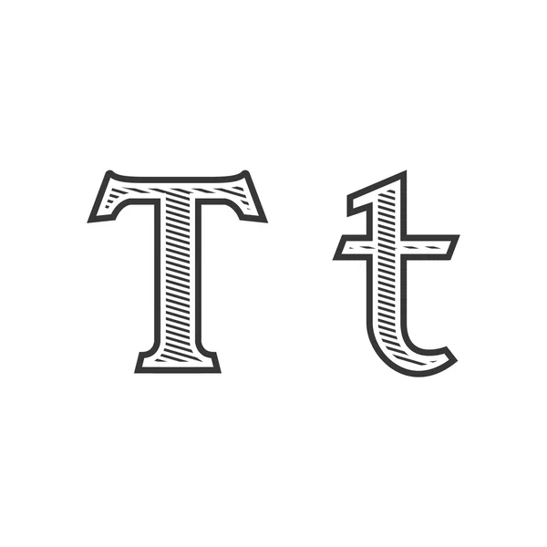 Lettertype tatoeage gravure letter T met arcering — Stockvector