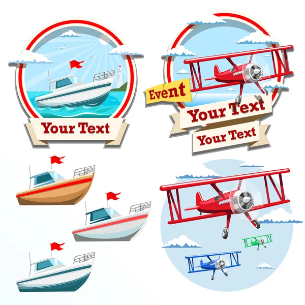 Avião e barco ilustração da hora de verão — Vetor de Stock