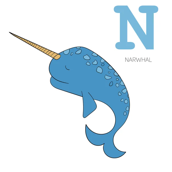ตัวอักษร N เวกเตอร์เด็ก narwhal — ภาพเวกเตอร์สต็อก