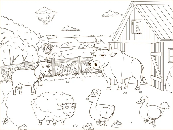 Libro para colorear granja de dibujos animados educativos — Vector de stock