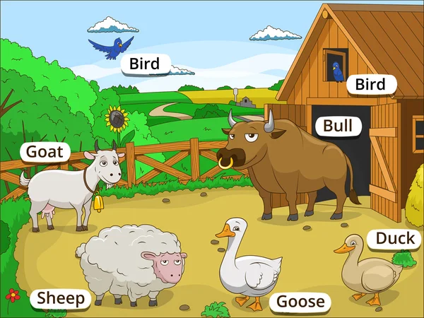 Animales de granja con nombres dibujos animados educativos — Vector de stock