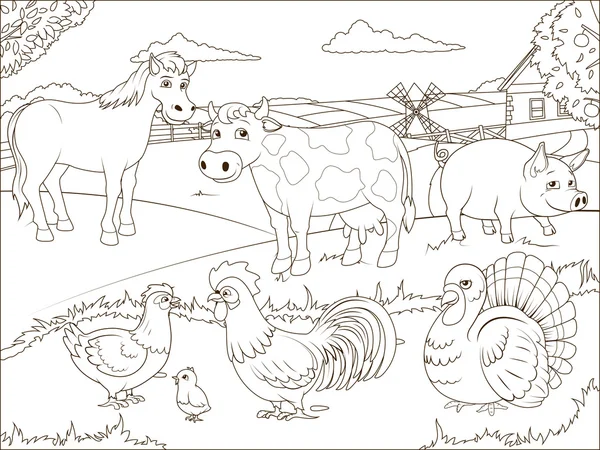 Colorir livro fazenda desenho animado educacional — Vetor de Stock