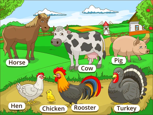 Animali da fattoria con nomi cartoni animati educativi — Vettoriale Stock