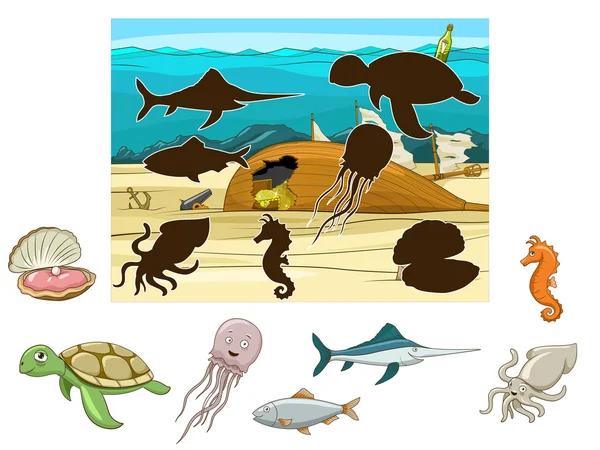 Match the animals and fish to their shadows — Stock Vector