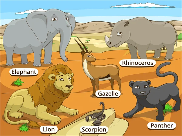 Animales de sabana africana con nombres de dibujos animados — Vector de stock