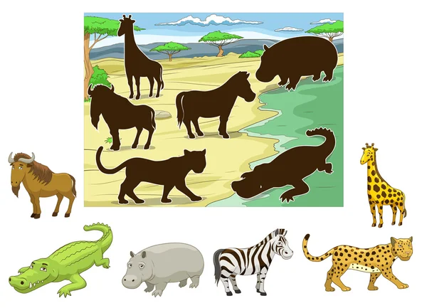 Match animals to their shadows educational game — Stock Vector