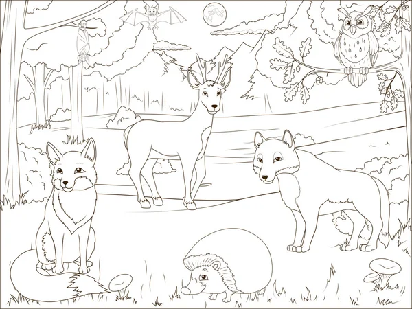 Könyv erdő karikatúra állatok színezés — Stock Vector