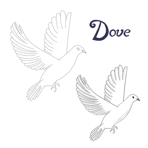 Vzdělávací hra připojit tečky kreslit holubice pták — Stockový vektor