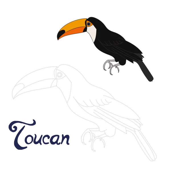 Juego educativo conectar puntos para dibujar pájaro tucán — Vector de stock